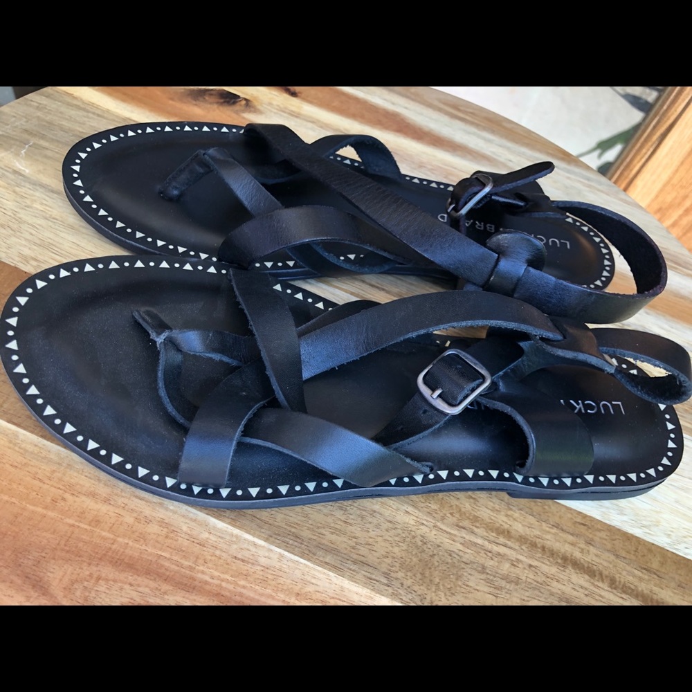 Womens Lucky Brand Black Sling Back Leather Sandals Size 6.5M